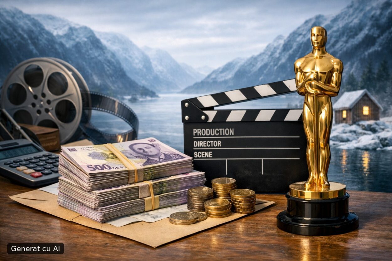 Ilustrație editorială pentru Ministrul Culturii anunță 500.000 lei pentru campania la Oscar a filmului „Fjord” de Cristian Mungiu. Generat cu AI.