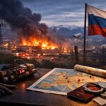 Ilustrație editorială pentru SRI: rețea de sabotaj coordonată din Rusia, legată de incendiul de pe platforma Carfil Brașov. Doi suspecți, arestați în Germania. Generat cu AI.