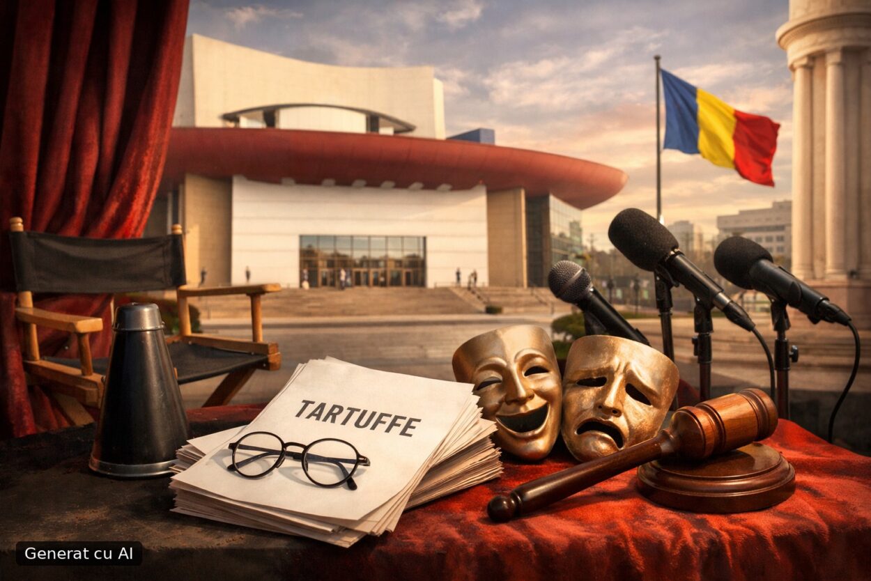 Ilustrație editorială pentru TNB îl cooptează pe regizorul Felix Alexa pentru „Tartuffe”. Reacție publică de la ministrul Culturii. Generat cu AI.