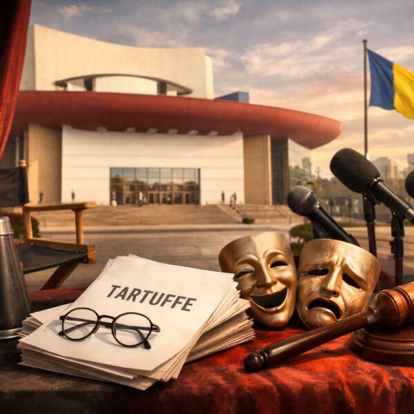 Ilustrație editorială pentru TNB îl cooptează pe regizorul Felix Alexa pentru „Tartuffe”. Reacție publică de la ministrul Culturii. Generat cu AI.