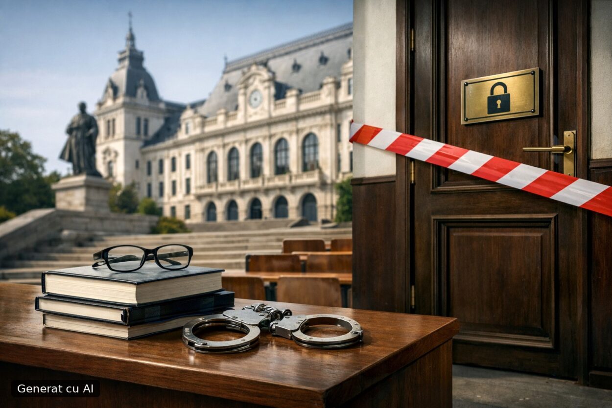 Ilustrație editorială pentru UAIC suspendă contractul lectorului Ionuț‑Alexandru Toader și îi interzice să mai predea; restricții și pentru unele cursuri ale lui Tudorel Toader. Generat cu AI.