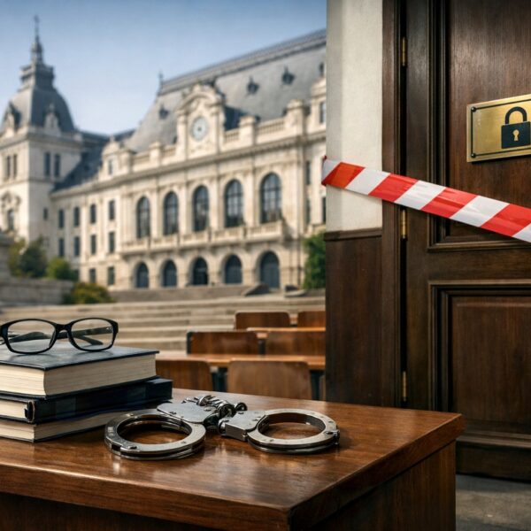 Ilustrație editorială pentru UAIC suspendă contractul lectorului Ionuț‑Alexandru Toader și îi interzice să mai predea; restricții și pentru unele cursuri ale lui Tudorel Toader. Generat cu AI.