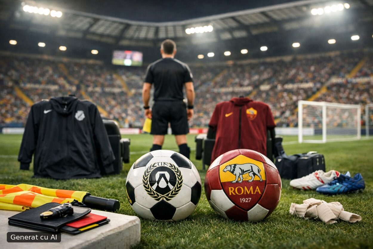 Ilustrație editorială pentru Udinese – AS Roma are loc astăzi, 31 octombrie: stadion, arbitru, antrenori și absențe. Generat cu AI.