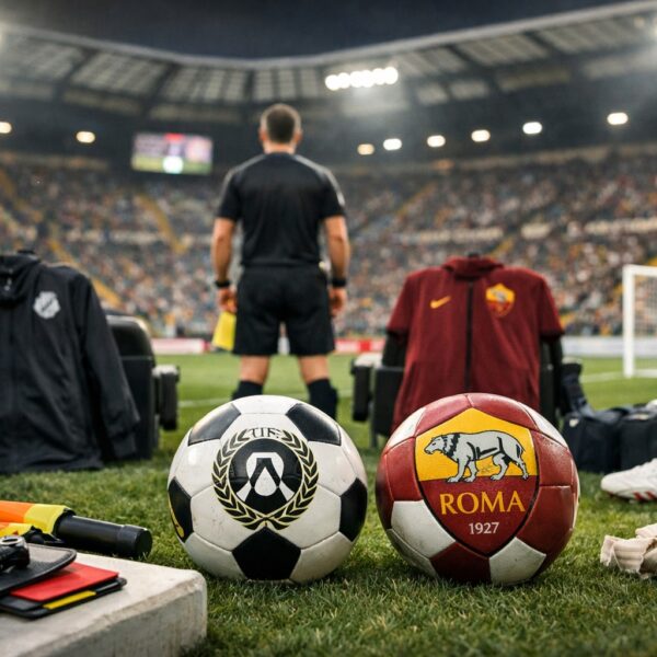 Ilustrație editorială pentru Udinese – AS Roma are loc astăzi, 31 octombrie: stadion, arbitru, antrenori și absențe. Generat cu AI.
