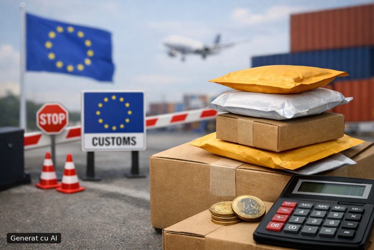 Ilustrație editorială pentru UE introduce din 1 noiembrie 2026 o taxă de 2 euro pentru coletele expediate direct consumatorilor din afara Uniunii: cum se calculează și pe cine vizează. Generat cu AI.
