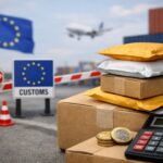 Ilustrație editorială pentru UE introduce din 1 noiembrie 2026 o taxă de 2 euro pentru coletele expediate direct consumatorilor din afara Uniunii: cum se calculează și pe cine vizează. Generat cu AI.