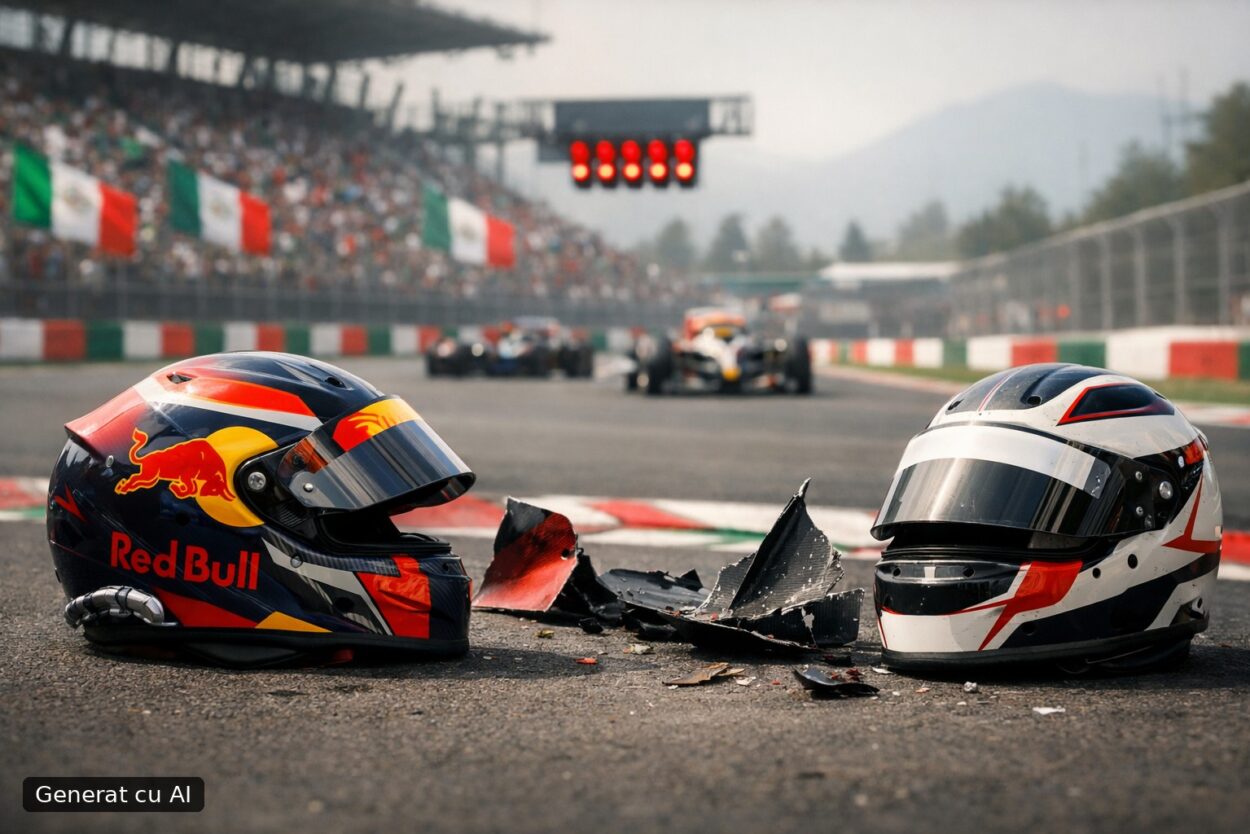 Ilustrație editorială pentru Verstappen și Lawson, penalizați cu câte o poziție pe grilă după contactul din FP2 la Mexico. Generat cu AI.