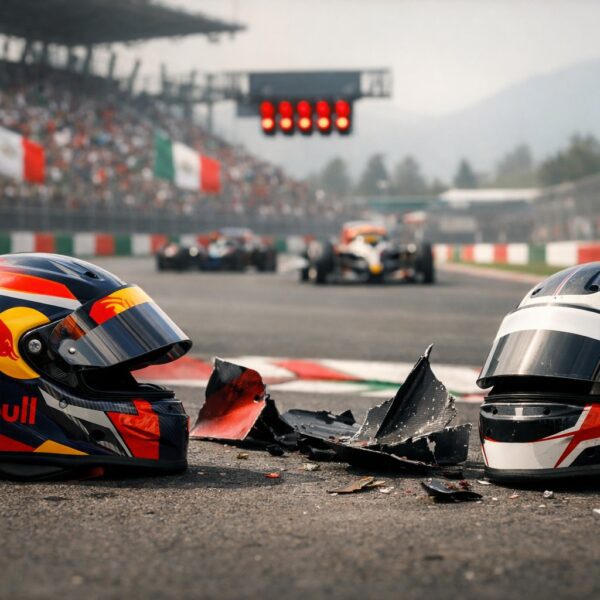 Ilustrație editorială pentru Verstappen și Lawson, penalizați cu câte o poziție pe grilă după contactul din FP2 la Mexico. Generat cu AI.