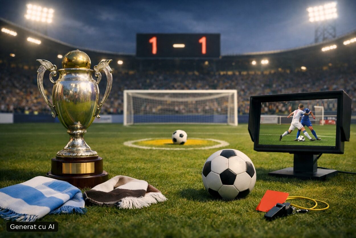 Ilustrație editorială pentru Voluntari – Universitatea Craiova 1-1 în Cupa României: autogol și penalty după VAR. Generat cu AI.