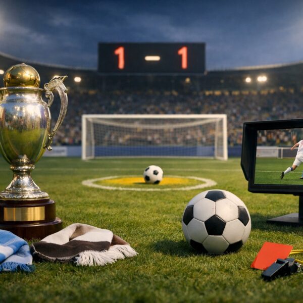 Ilustrație editorială pentru Voluntari – Universitatea Craiova 1-1 în Cupa României: autogol și penalty după VAR. Generat cu AI.