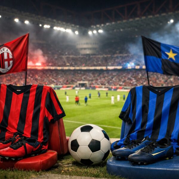 Ilustrație editorială pentru AC Milan câștigă Derby della Madonnina: 3-1 cu Inter. Generat cu AI.